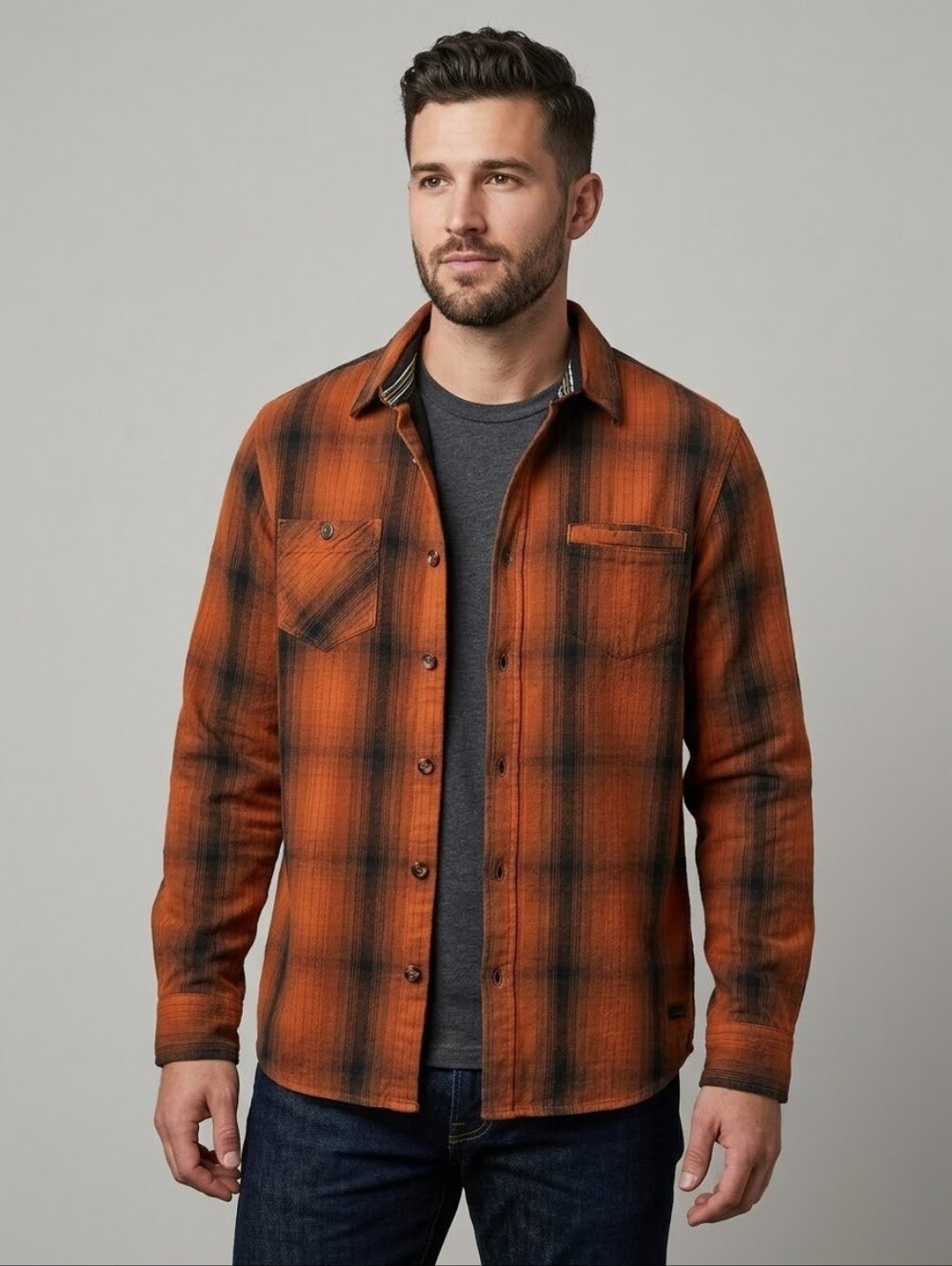 ​Blackwell Trading Co Plaid Heavy Cotton Workwear Shacket Medium Orange Black